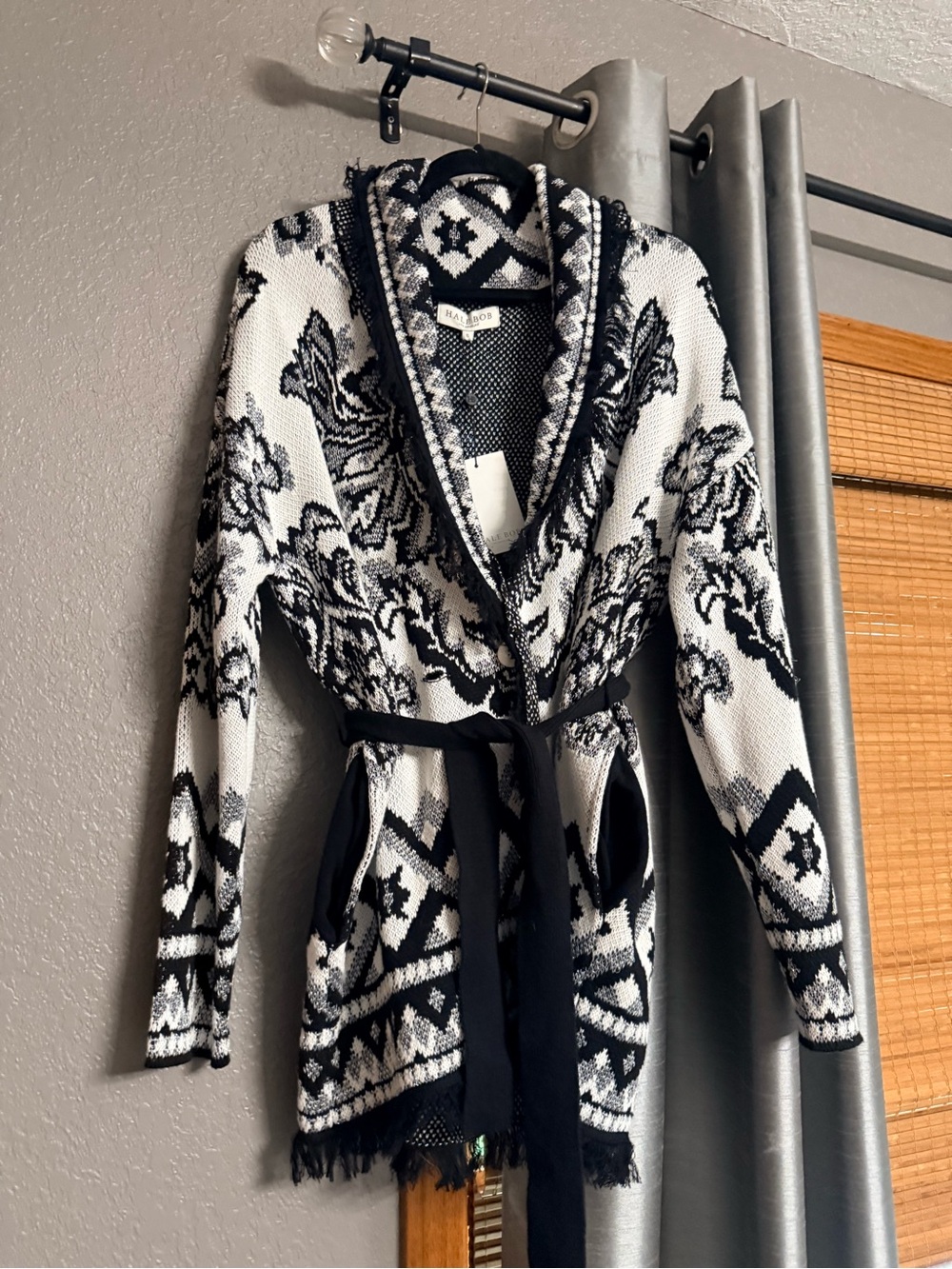 Black and White Knit Wrap Cardigan with Tie Belt